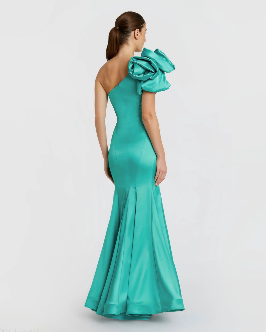 Green One Shoulder Bustier Satin Mermaid Gown Designer Collection