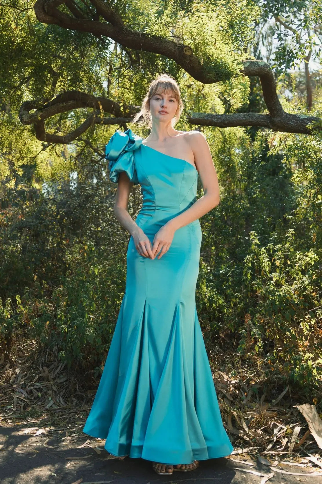 Green One Shoulder Bustier Satin Mermaid Gown - Designer Collection