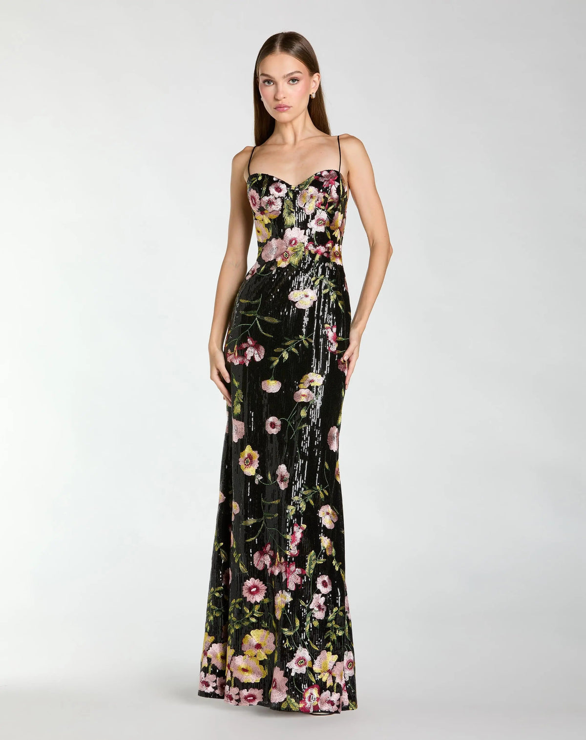 Black Sleeveless Bustier Floral Applique Gown Designer Collection
