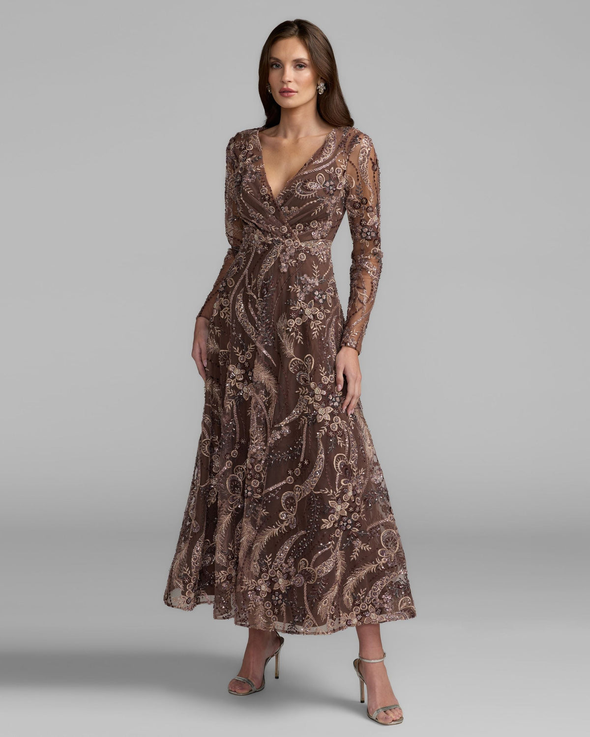 Brown Embroidered Long Sleeve V-Neck Midi Dress Designer Collection