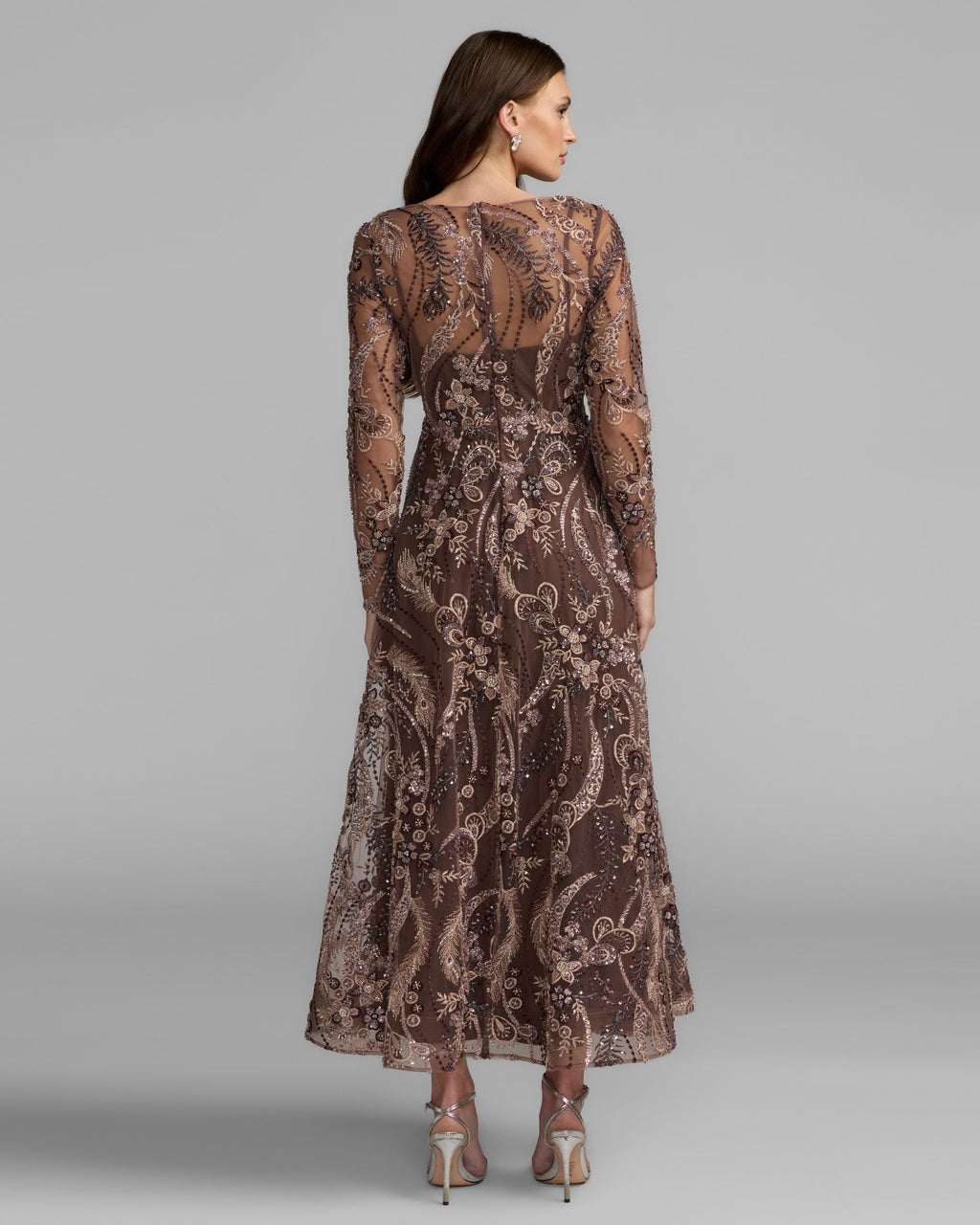 Brown Embroidered Long Sleeve V-Neck Midi Dress Designer Collection