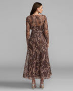Brown Embroidered Long Sleeve V-Neck Midi Dress Designer Collection