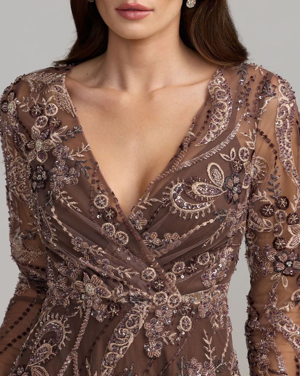 Brown Embroidered Long Sleeve V-Neck Midi Dress Designer Collection