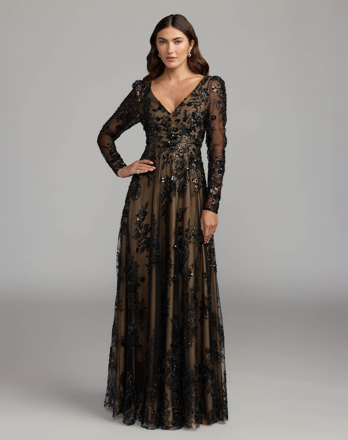 Black Embroidered Long Sleeve V-Neck Gown Designer Collection