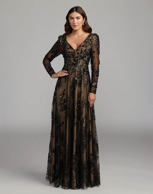 Black Embroidered Long Sleeve V-Neck Gown Designer Collection