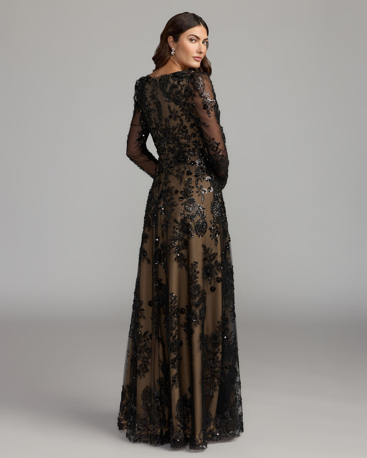 Black Embroidered Long Sleeve V-Neck Gown Designer Collection