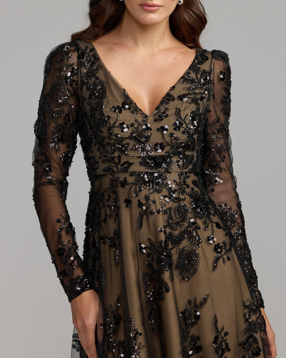 Black Embroidered Long Sleeve V-Neck Gown Designer Collection