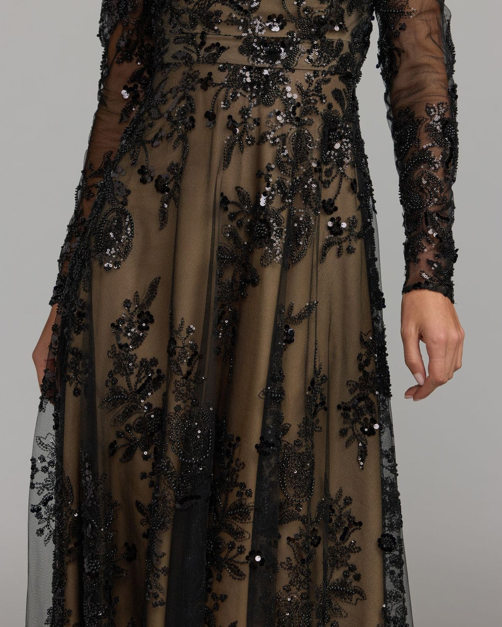 Black Embroidered Long Sleeve V-Neck Gown Designer Collection