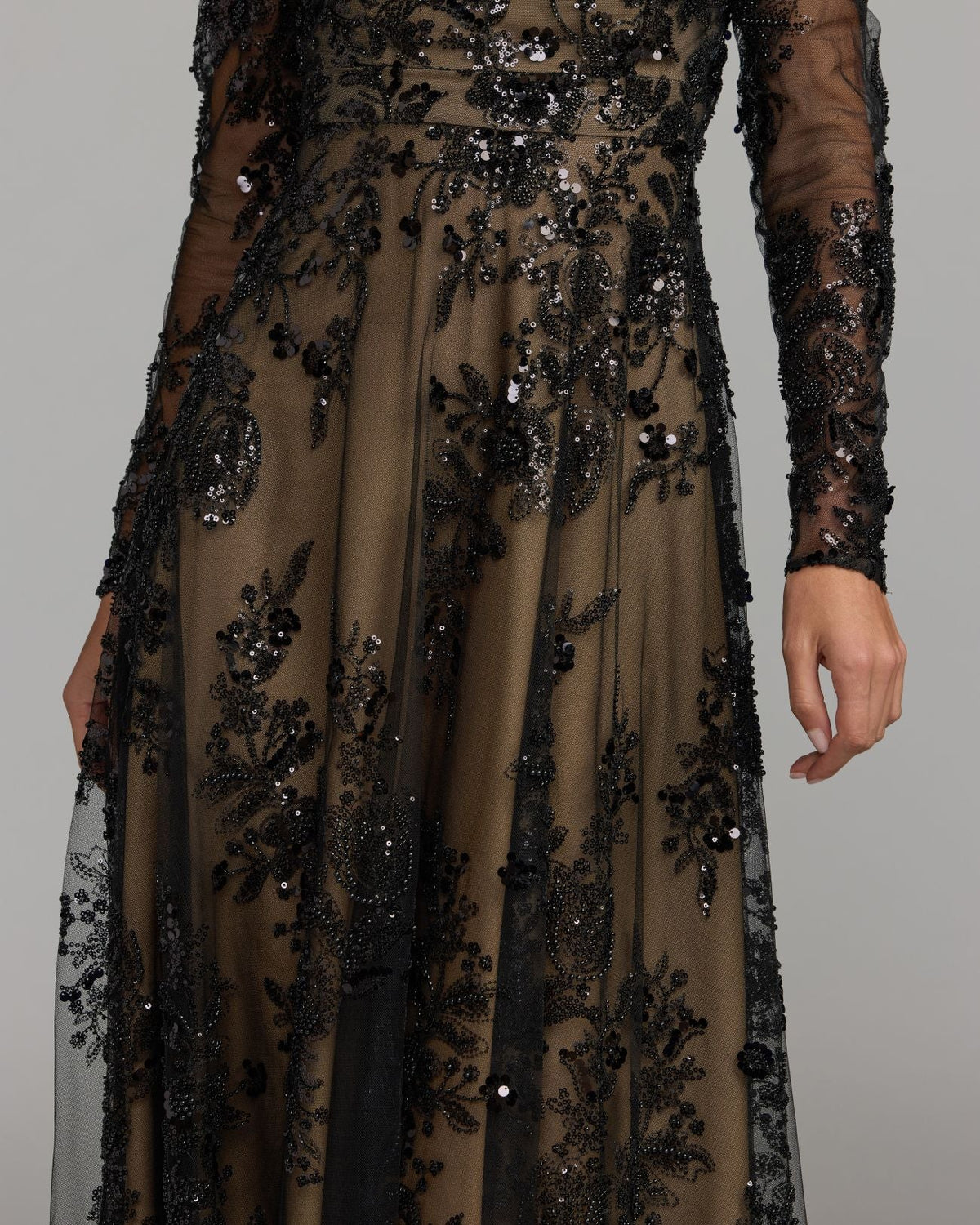 Black Embroidered Long Sleeve V-Neck Gown Designer Collection