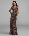 Brown V Neck Flutter Sleeve Embroidered Lace Gown - Designer Collection