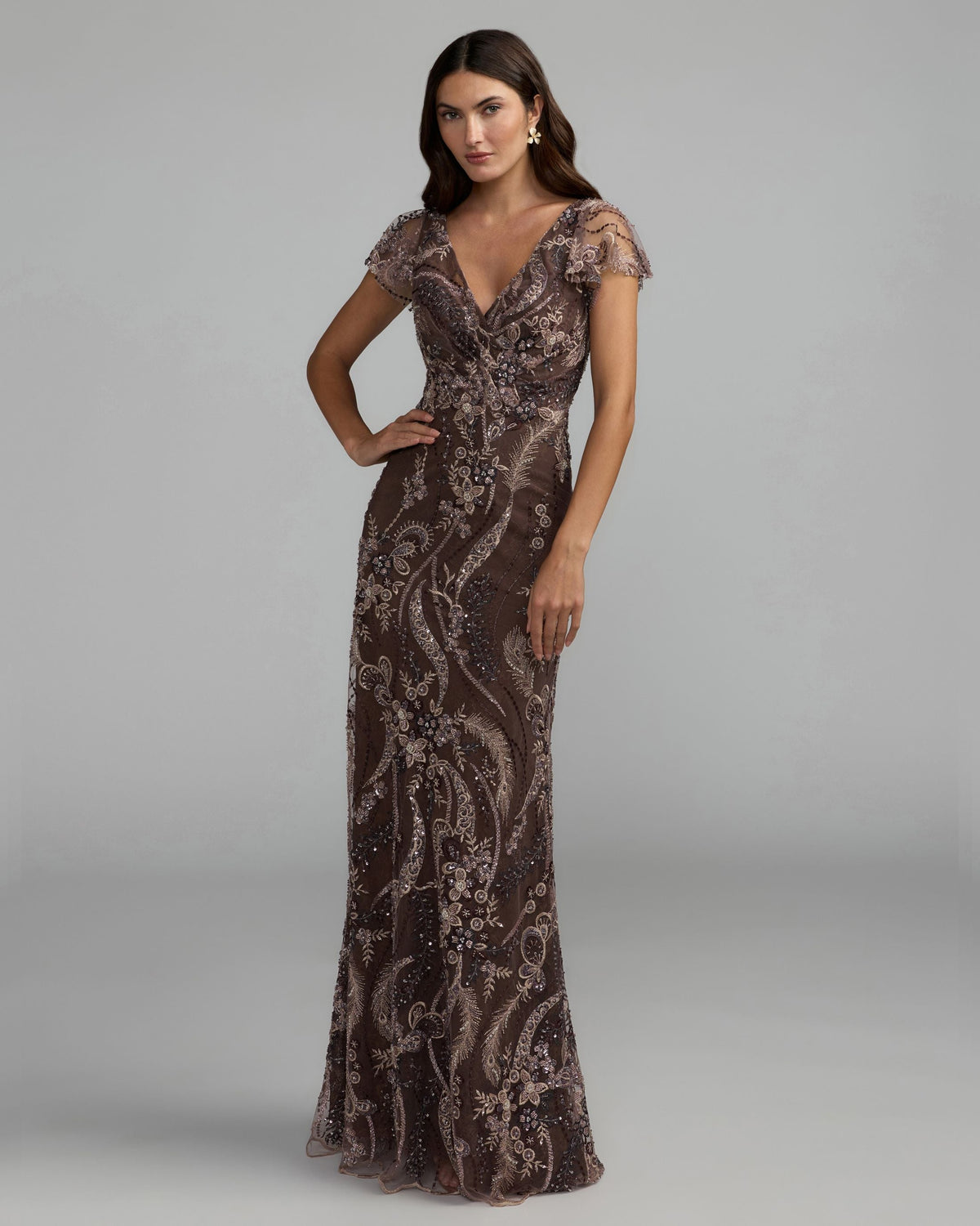 Brown V Neck Flutter Sleeve Embroidered Lace Gown - Designer Collection