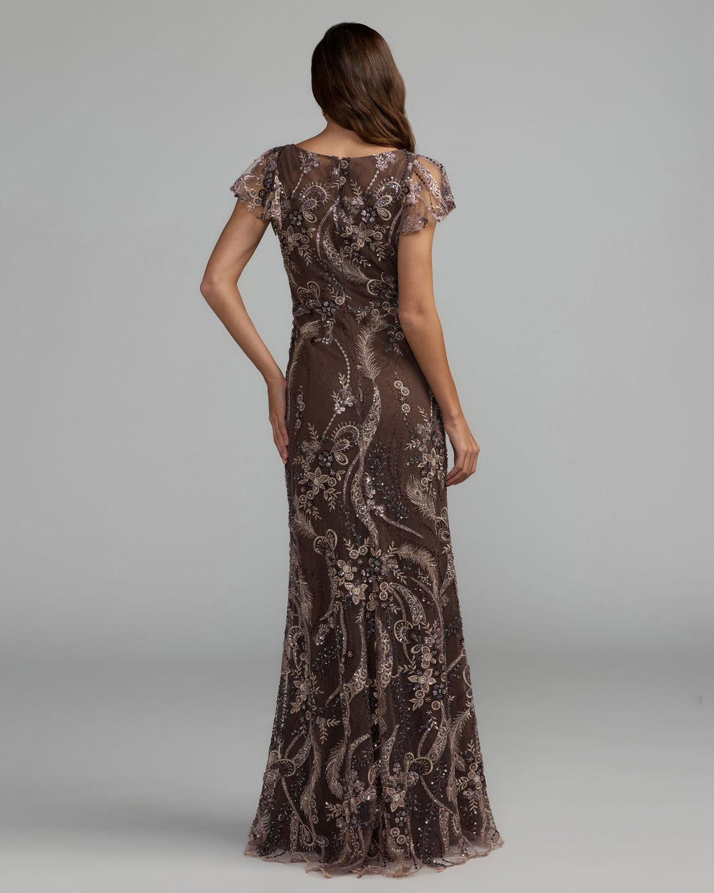 Brown V Neck Flutter Sleeve Embroidered Lace Gown - Designer Collection