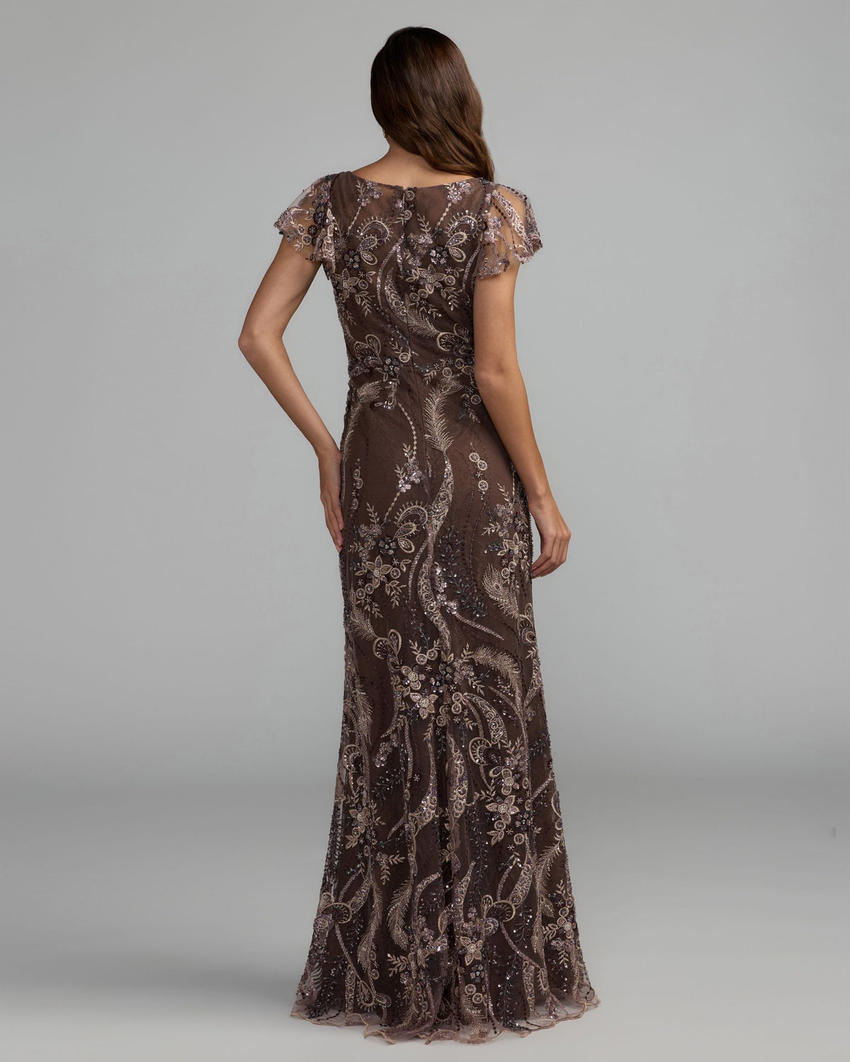 Brown V Neck Flutter Sleeve Embroidered Lace Gown - Designer Collection