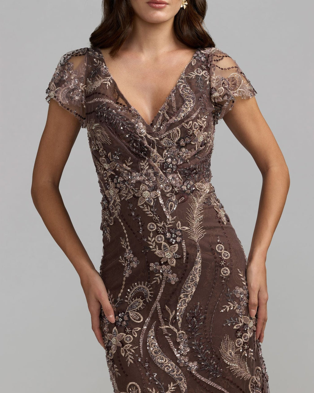 Brown V Neck Flutter Sleeve Embroidered Lace Gown - Designer Collection