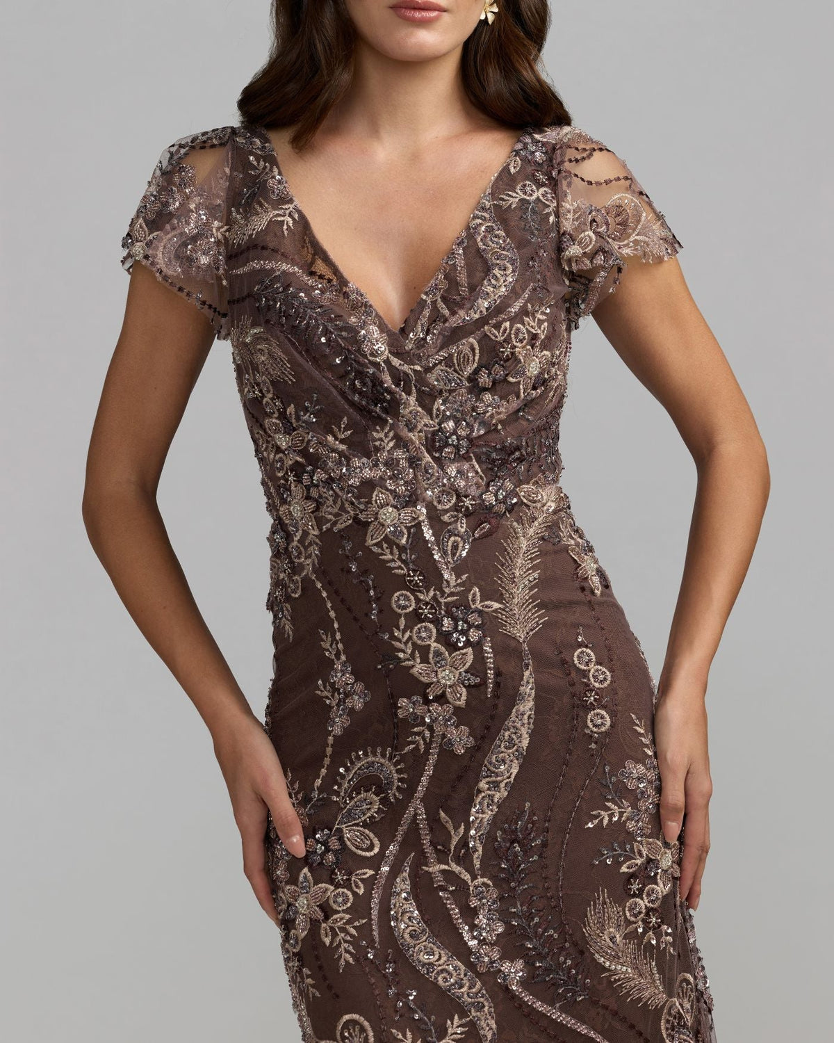 Brown V Neck Flutter Sleeve Embroidered Lace Gown - Designer Collection
