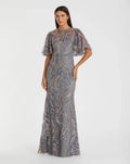 Charcoal High Neck Flutter Sleeve Embroidered Gown - Designer Collection