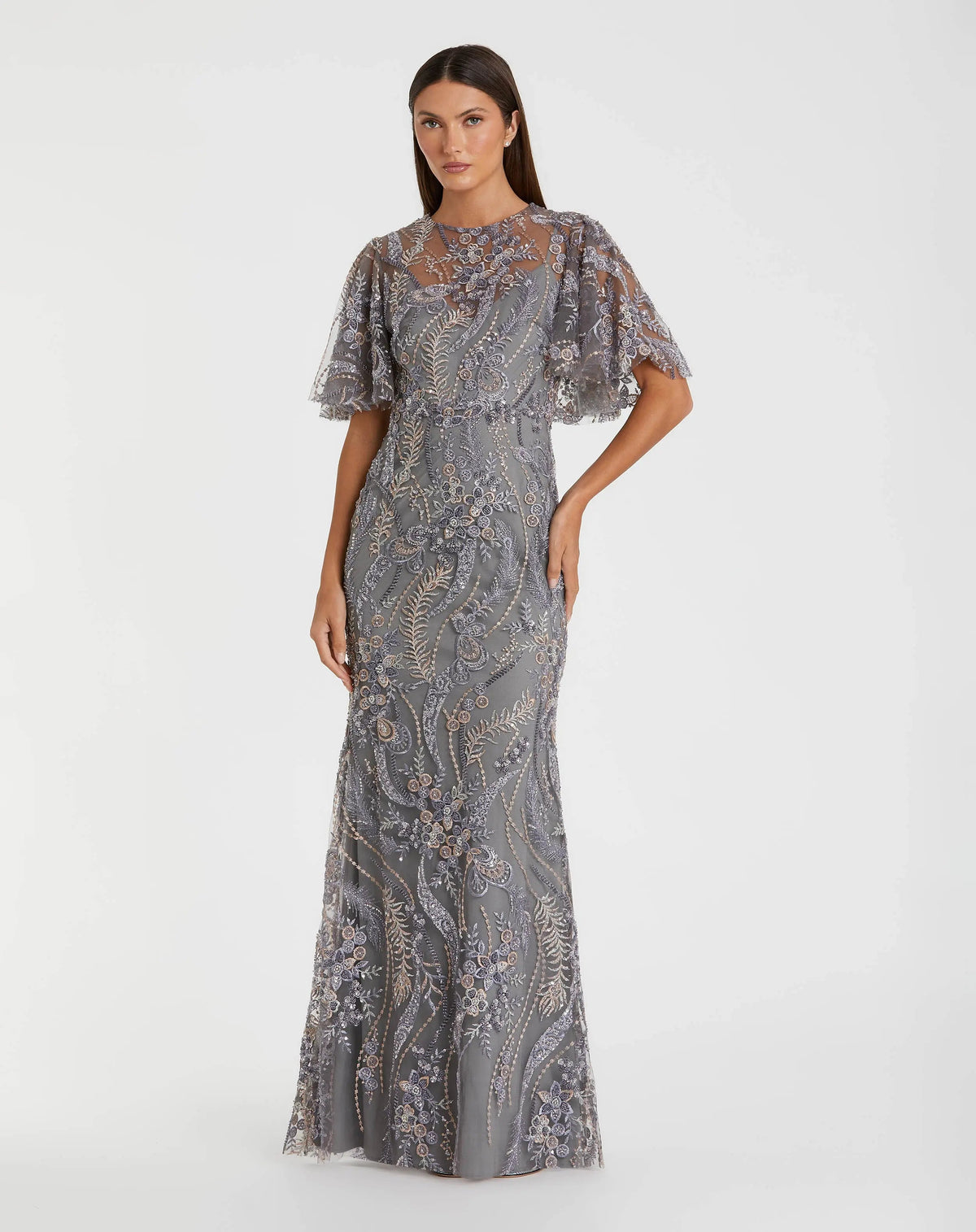 Charcoal High Neck Flutter Sleeve Embroidered Gown - Designer Collection