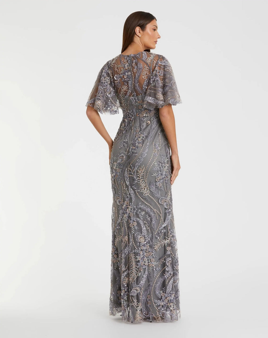 Charcoal High Neck Flutter Sleeve Embroidered Gown - Designer Collection
