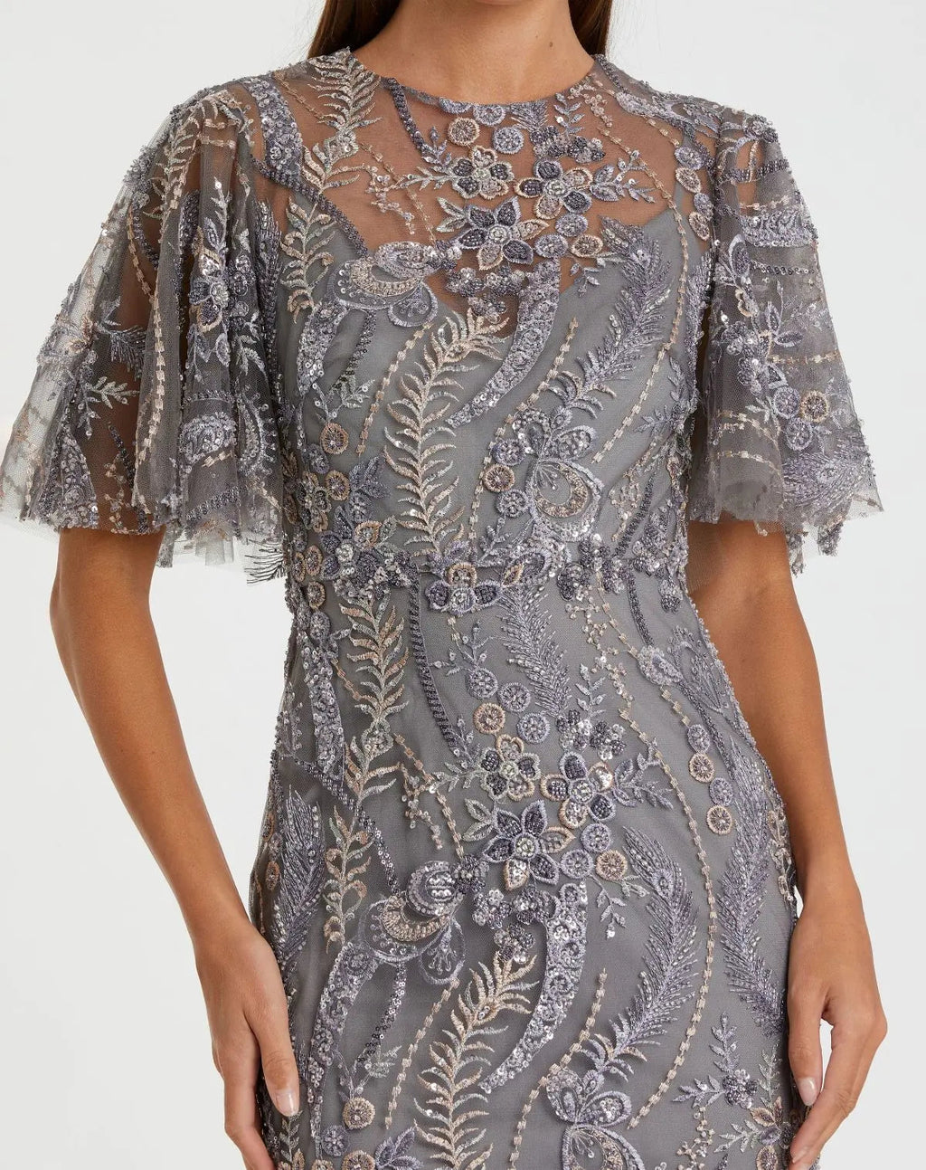Charcoal High Neck Flutter Sleeve Embroidered Gown - Designer Collection