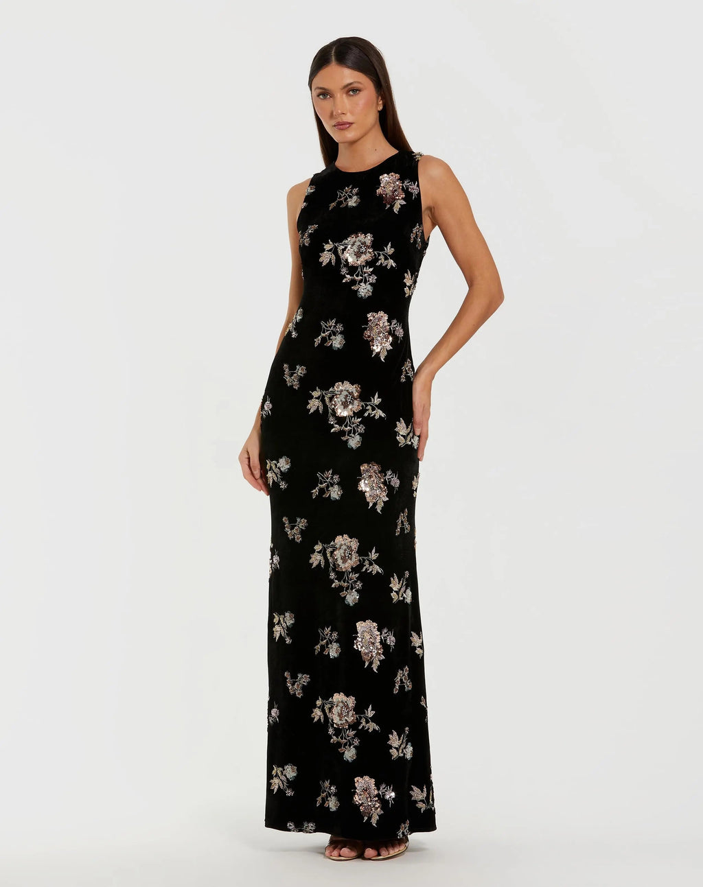 Black Sleeveless Floral Embellished Velvet Evening Gown - Designer Collection