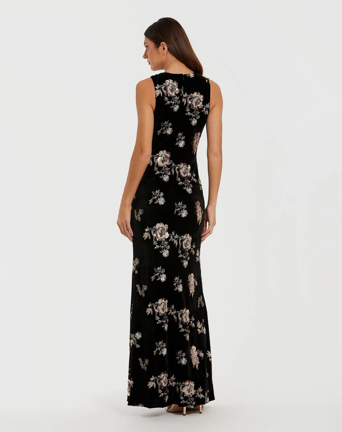 Black Sleeveless Floral Embellished Velvet Evening Gown - Designer Collection