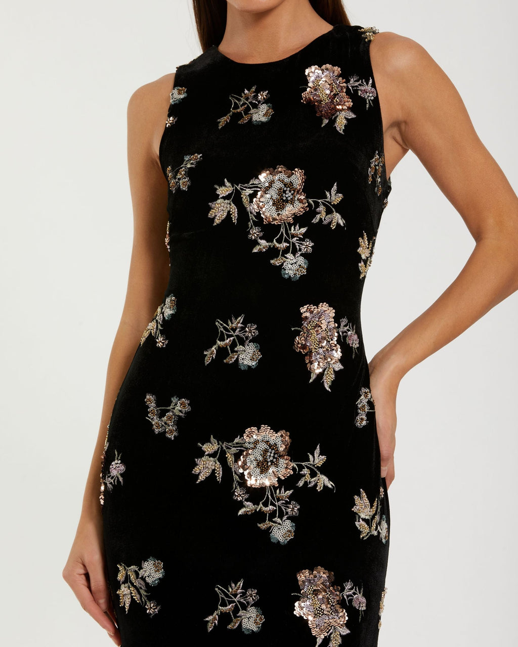 Black Sleeveless Floral Embellished Velvet Evening Gown Designer Collection