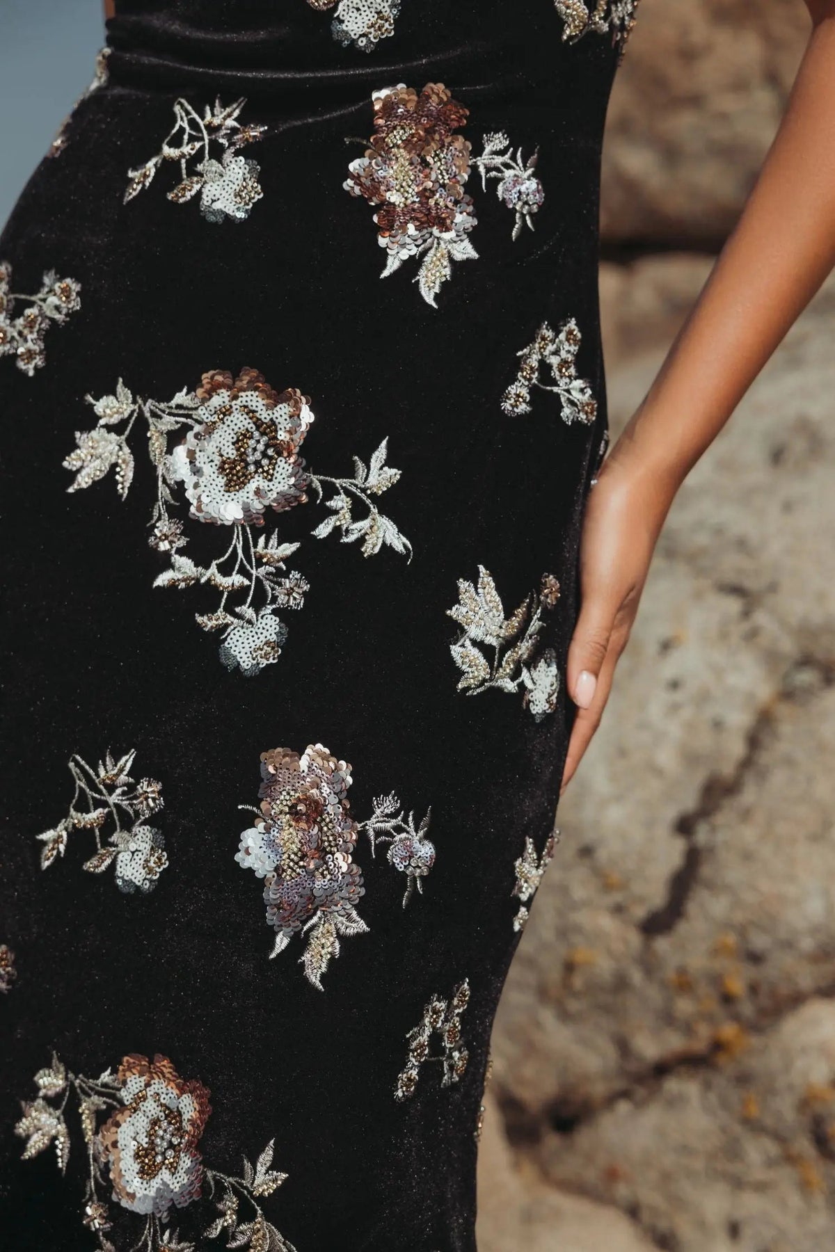 Black Sleeveless Floral Embellished Velvet Evening Gown - Designer Collection