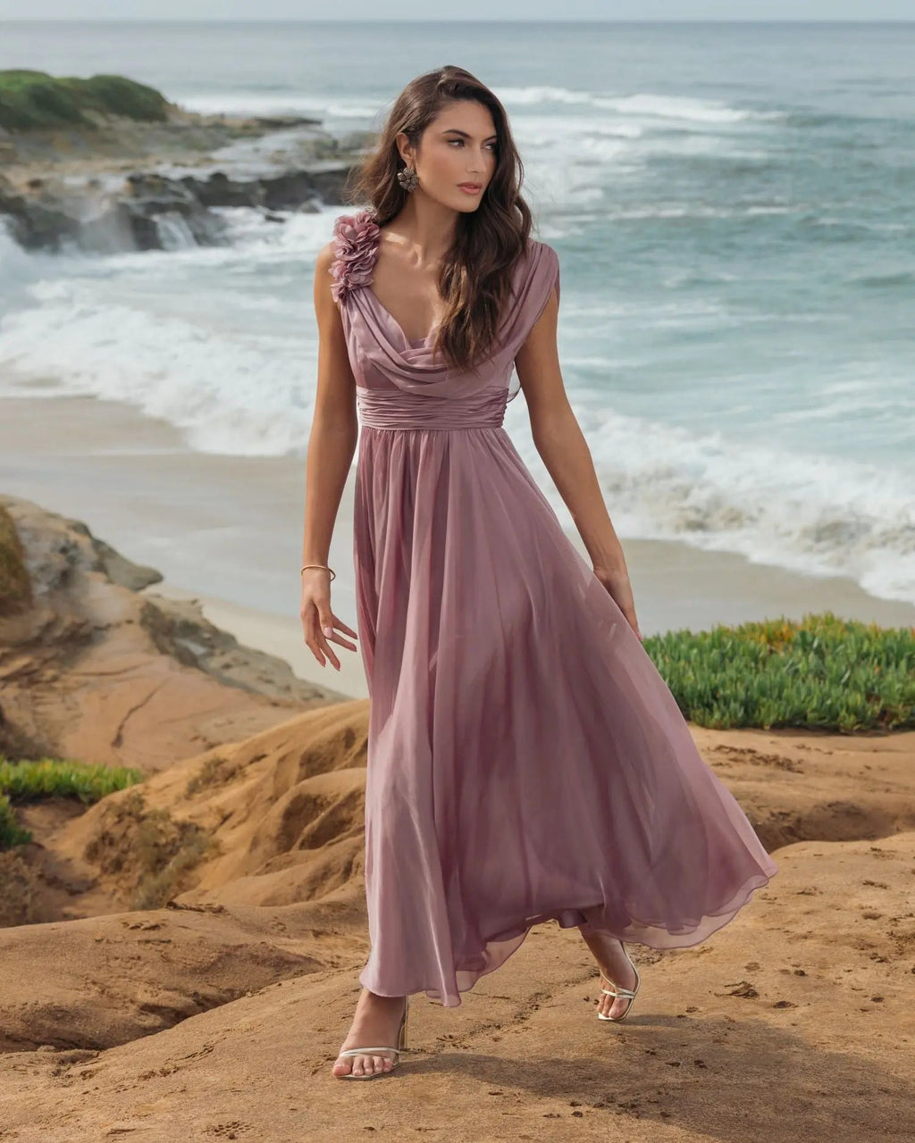 Pink Chiffon Cowl Neck Dress With 3D Flowers - Designer Collection