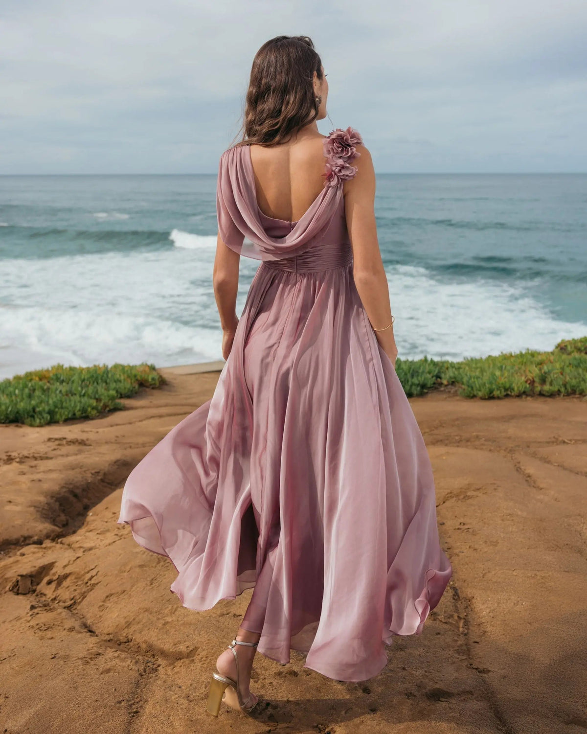 Pink Chiffon Cowl Neck Dress With 3D Flowers - Designer Collection