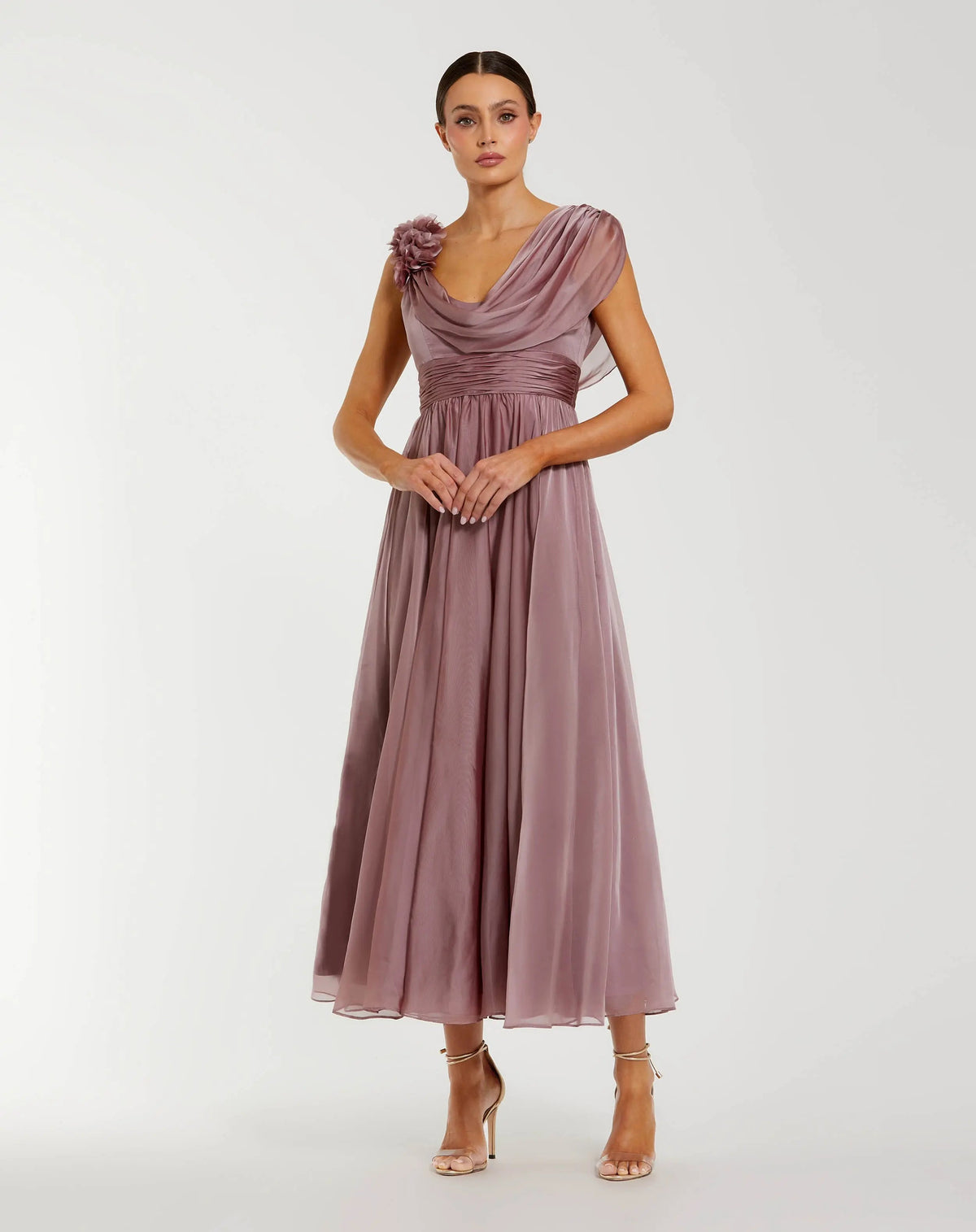 Pink Chiffon Cowl Neck Dress With 3D Flowers - Designer Collection