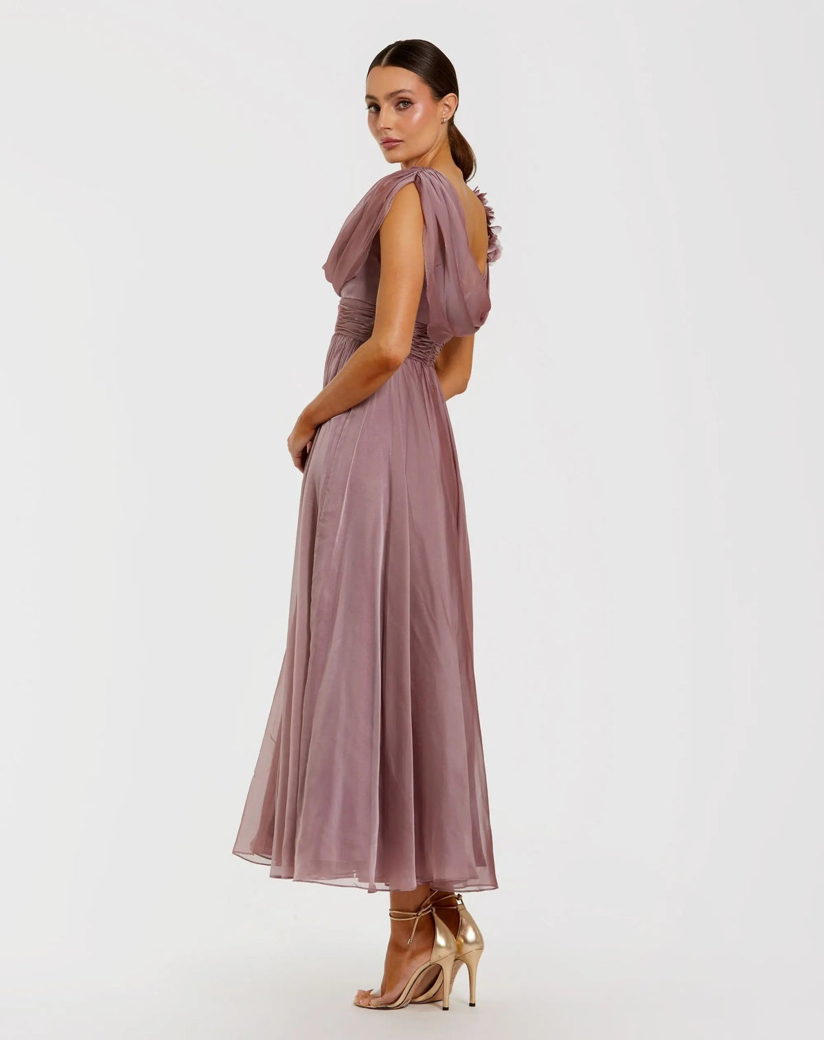 Pink Chiffon Cowl Neck Dress With 3D Flowers - Designer Collection