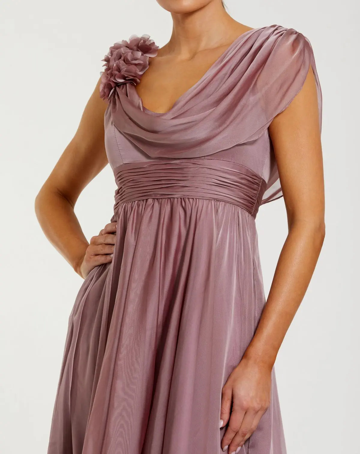Pink Chiffon Cowl Neck Dress With 3D Flowers - Designer Collection