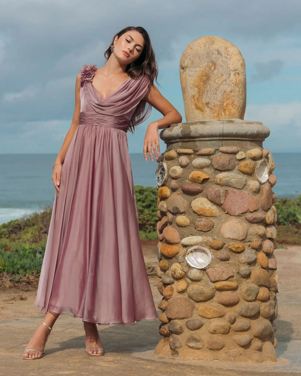 Pink Chiffon Cowl Neck Dress With 3D Flowers - Designer Collection