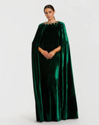 Dark Green Velvet Cape Gown With Embellished Neckline - Designer Collection