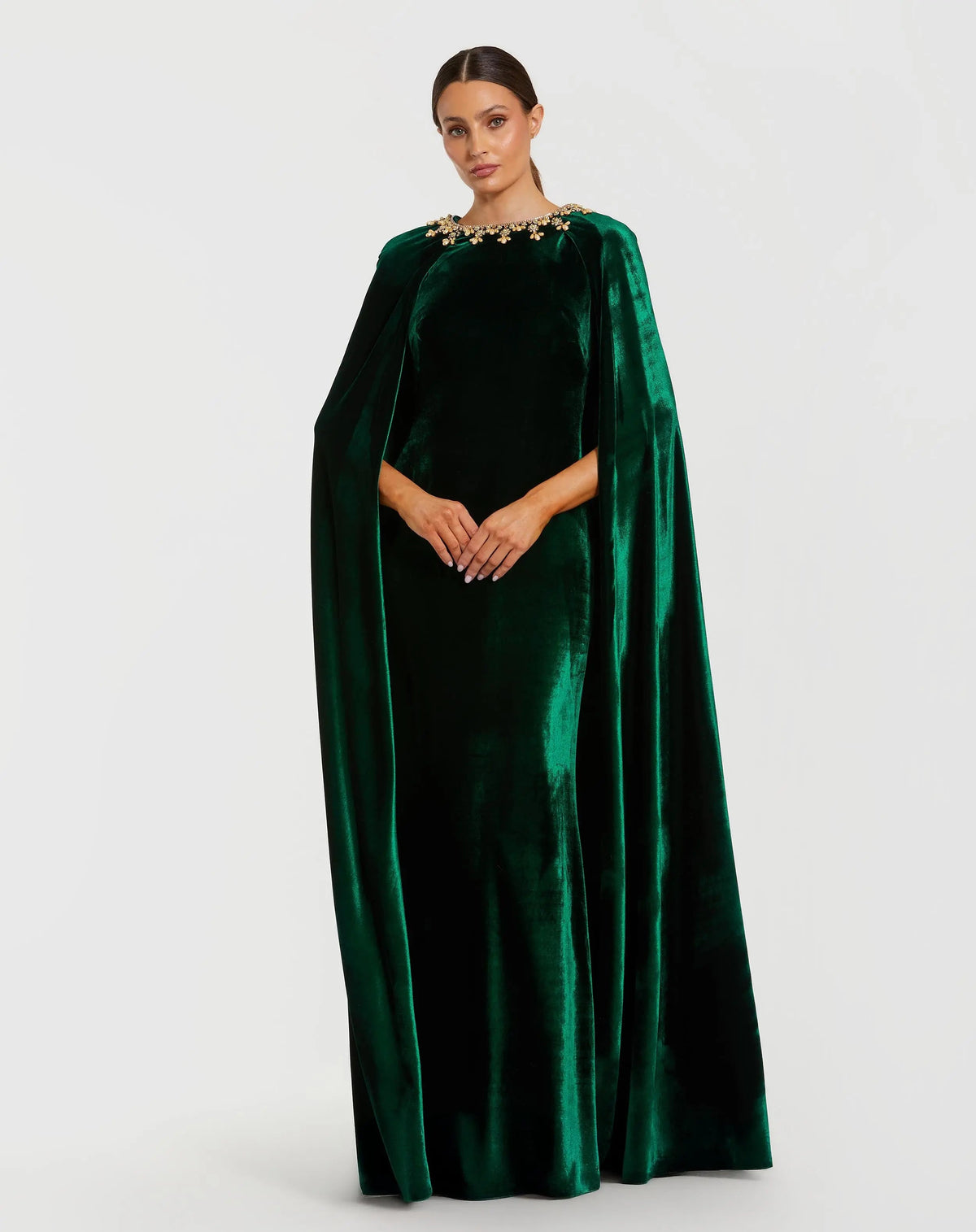 Dark Green Velvet Cape Gown With Embellished Neckline - Designer Collection
