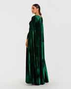 Dark Green Velvet Cape Gown With Embellished Neckline - Designer Collection