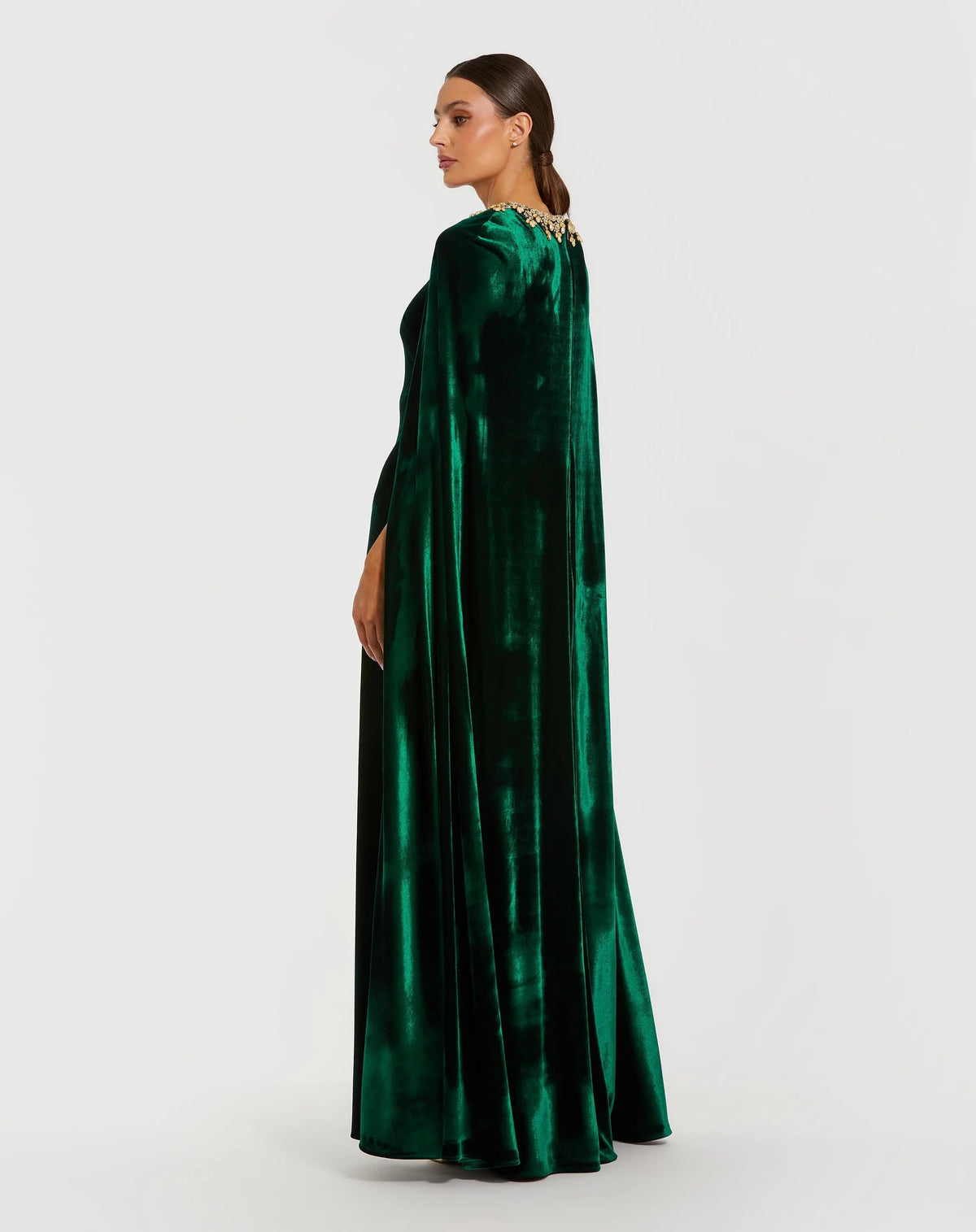 Dark Green Velvet Cape Gown With Embellished Neckline - Designer Collection