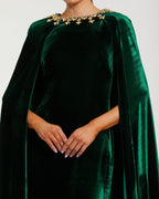 Dark Green Velvet Cape Gown With Embellished Neckline - Designer Collection
