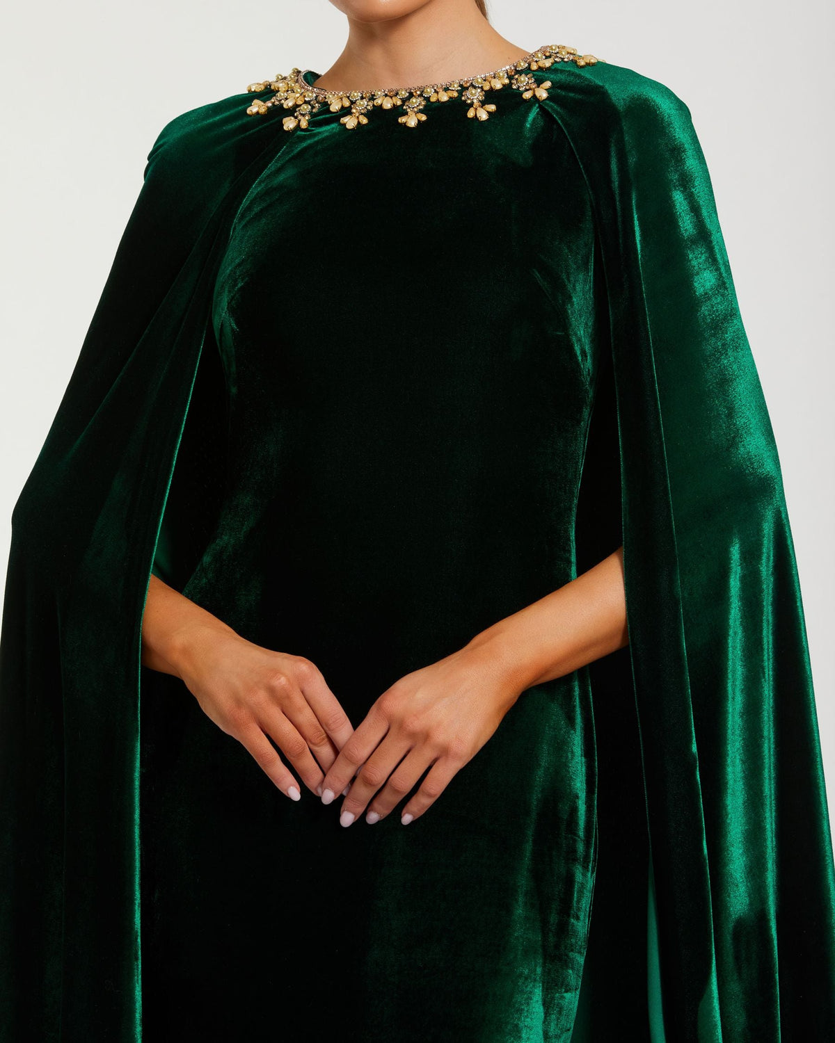 Dark Green Velvet Cape Gown With Embellished Neckline - Designer Collection