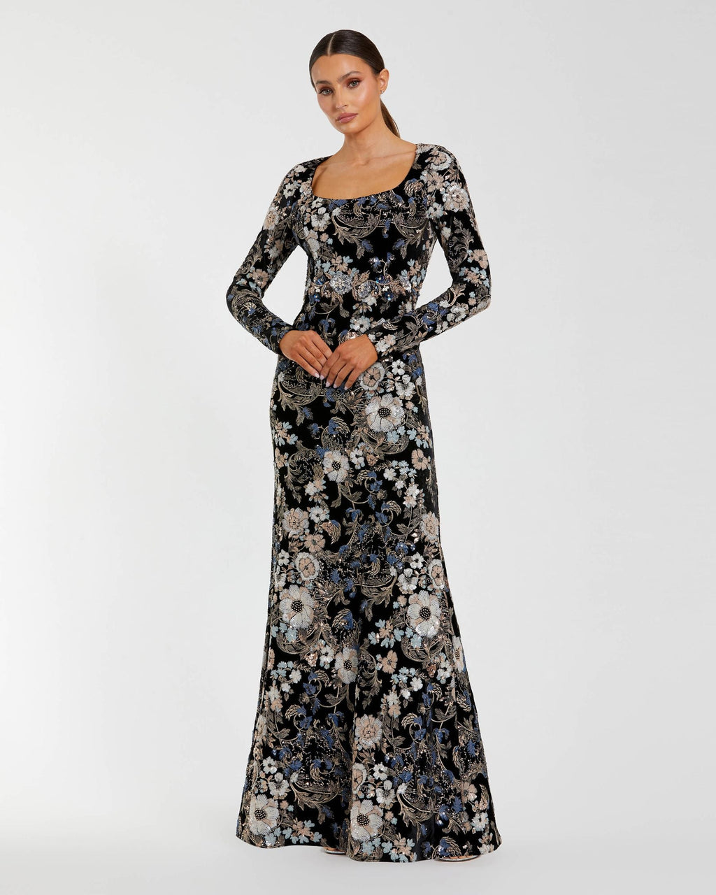 Black Multicolor Embroidered Velvet Evening Gown with Long Sleeves - Designer Collection