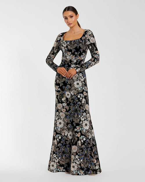 Black Multicolor Embroidered Velvet Evening Gown with Long Sleeves - Designer Collection