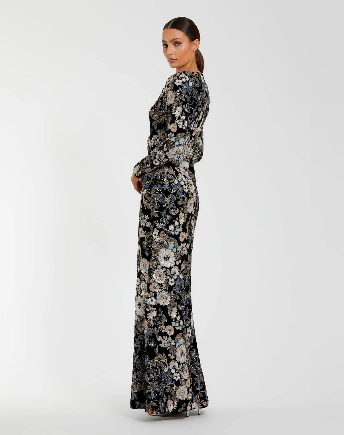 Black Multicolor Embroidered Velvet Evening Gown with Long Sleeves - Designer Collection