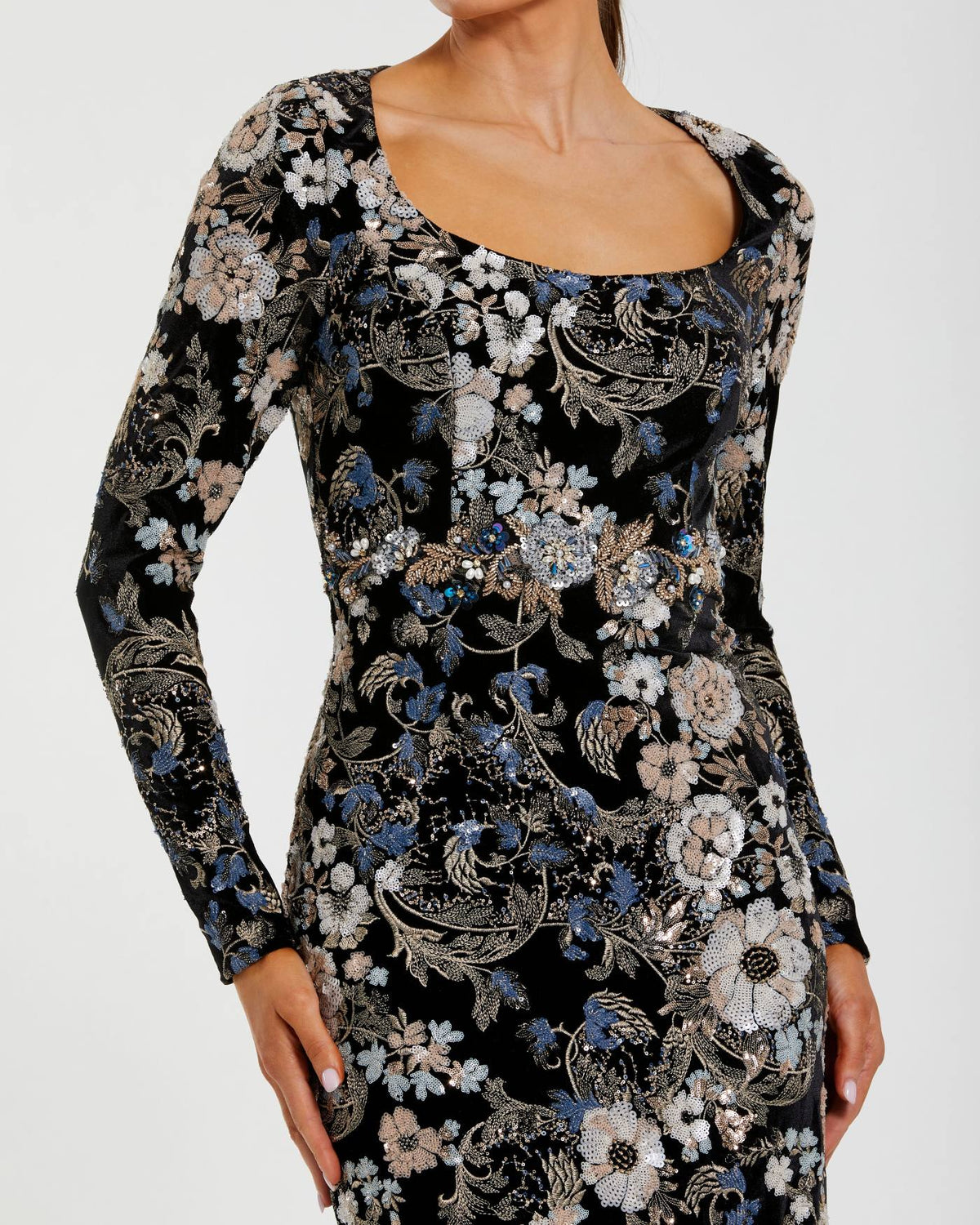 Black Multicolor Embroidered Velvet Evening Gown with Long Sleeves - Designer Collection