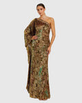 Gold One-Shoulder Metallic Burnout Velvet Evening Gown - Designer Collection