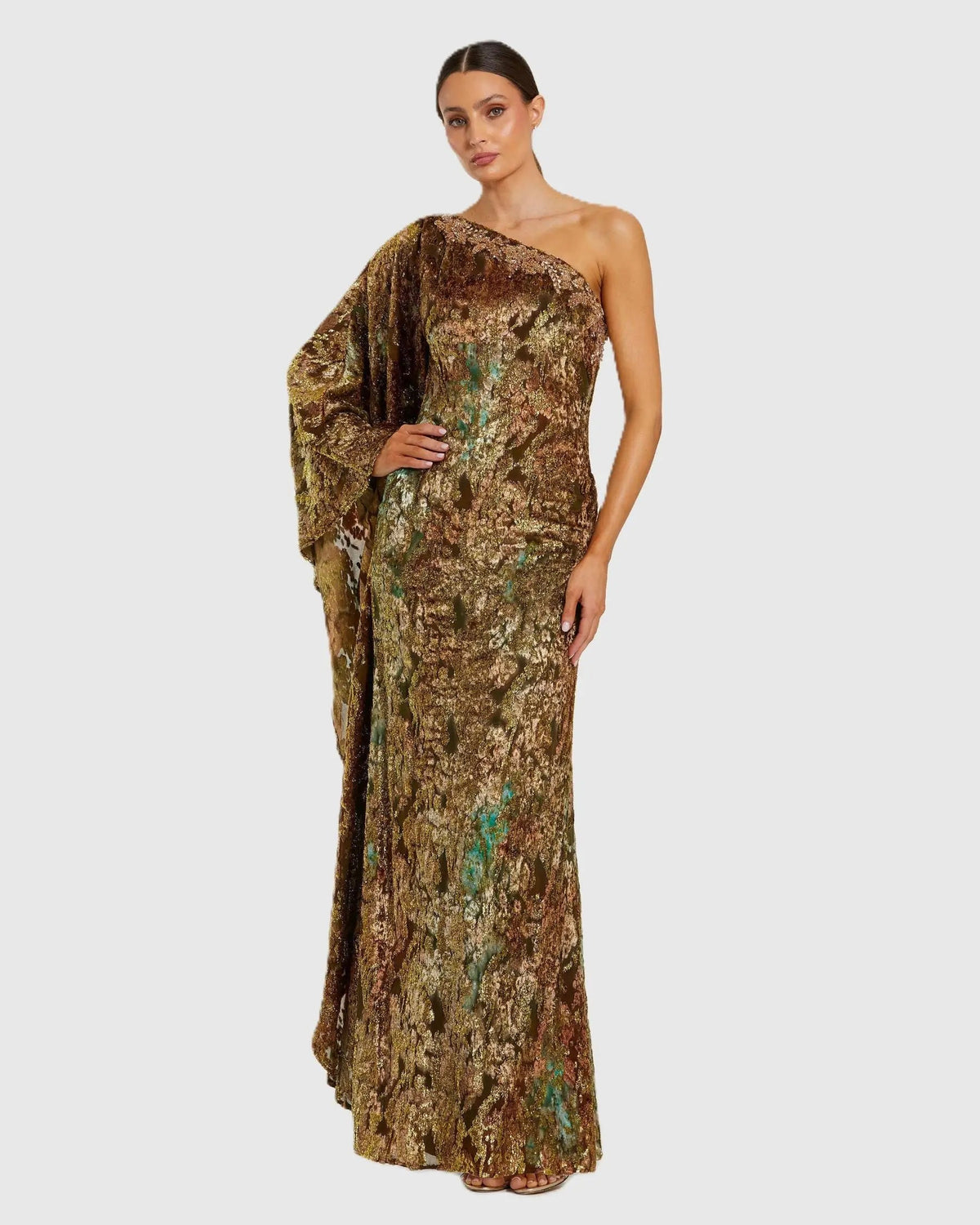 Gold One-Shoulder Metallic Burnout Velvet Evening Gown - Designer Collection