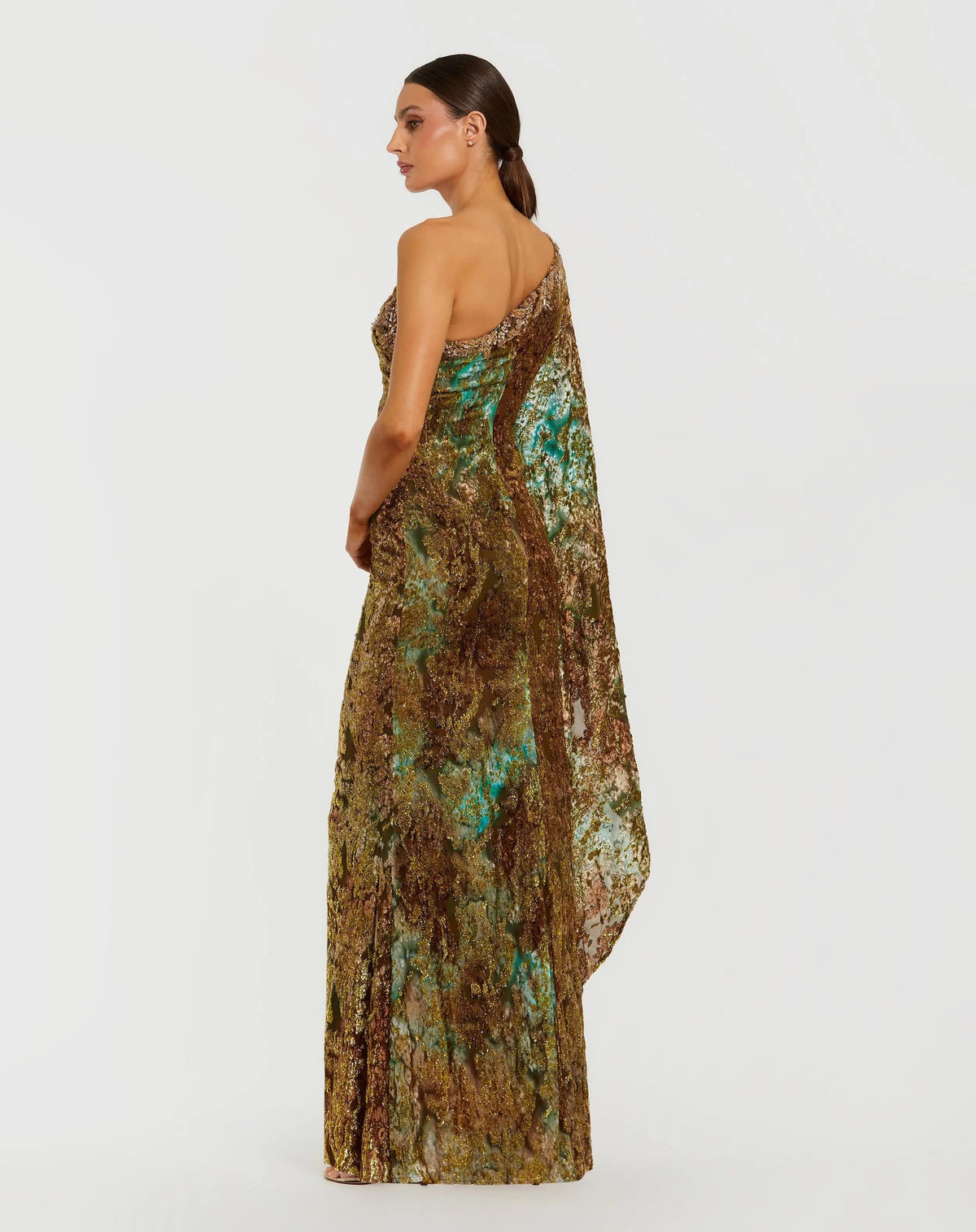 Gold One-Shoulder Metallic Burnout Velvet Evening Gown - Designer Collection