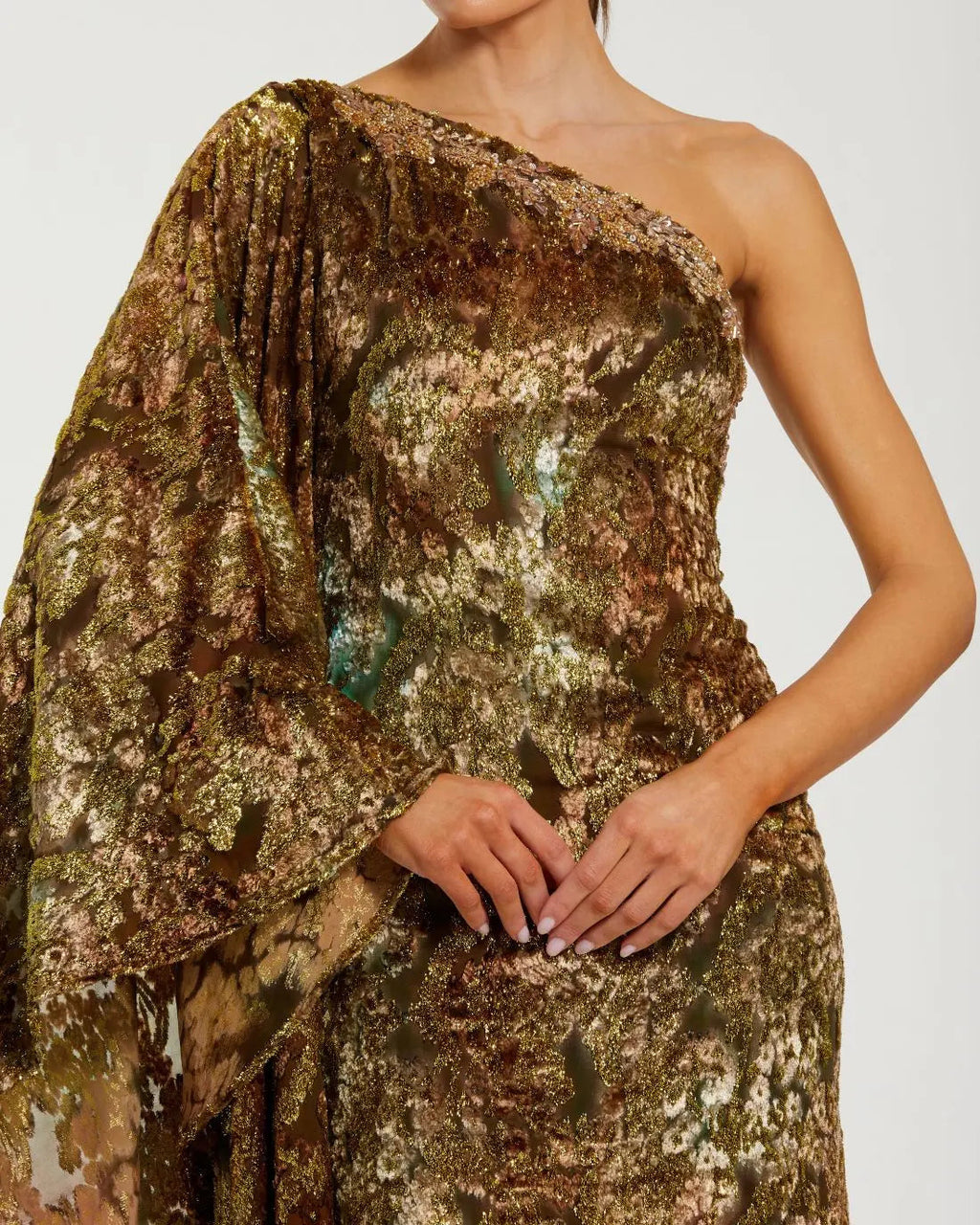 Gold One-Shoulder Metallic Burnout Velvet Evening Gown Designer Collection