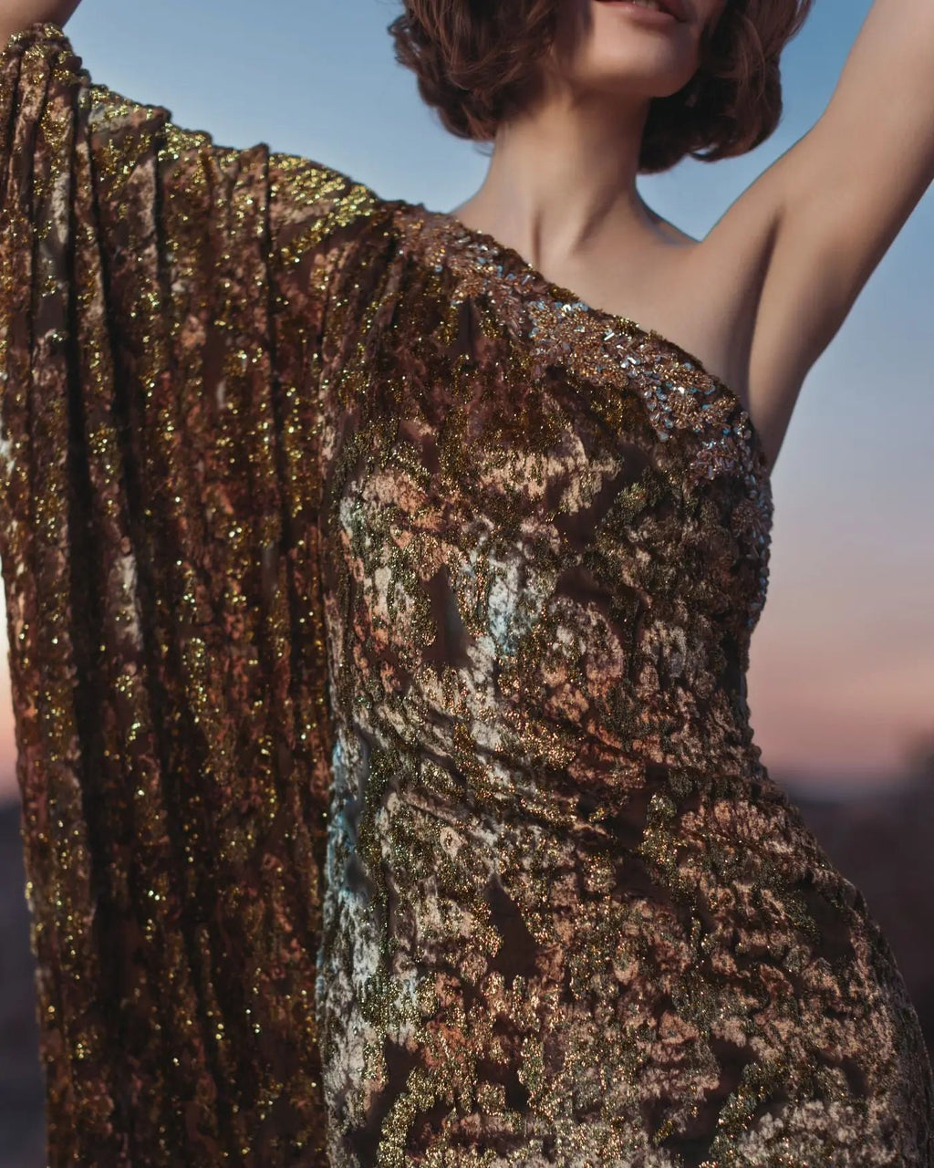 Gold One-Shoulder Metallic Burnout Velvet Evening Gown - Designer Collection
