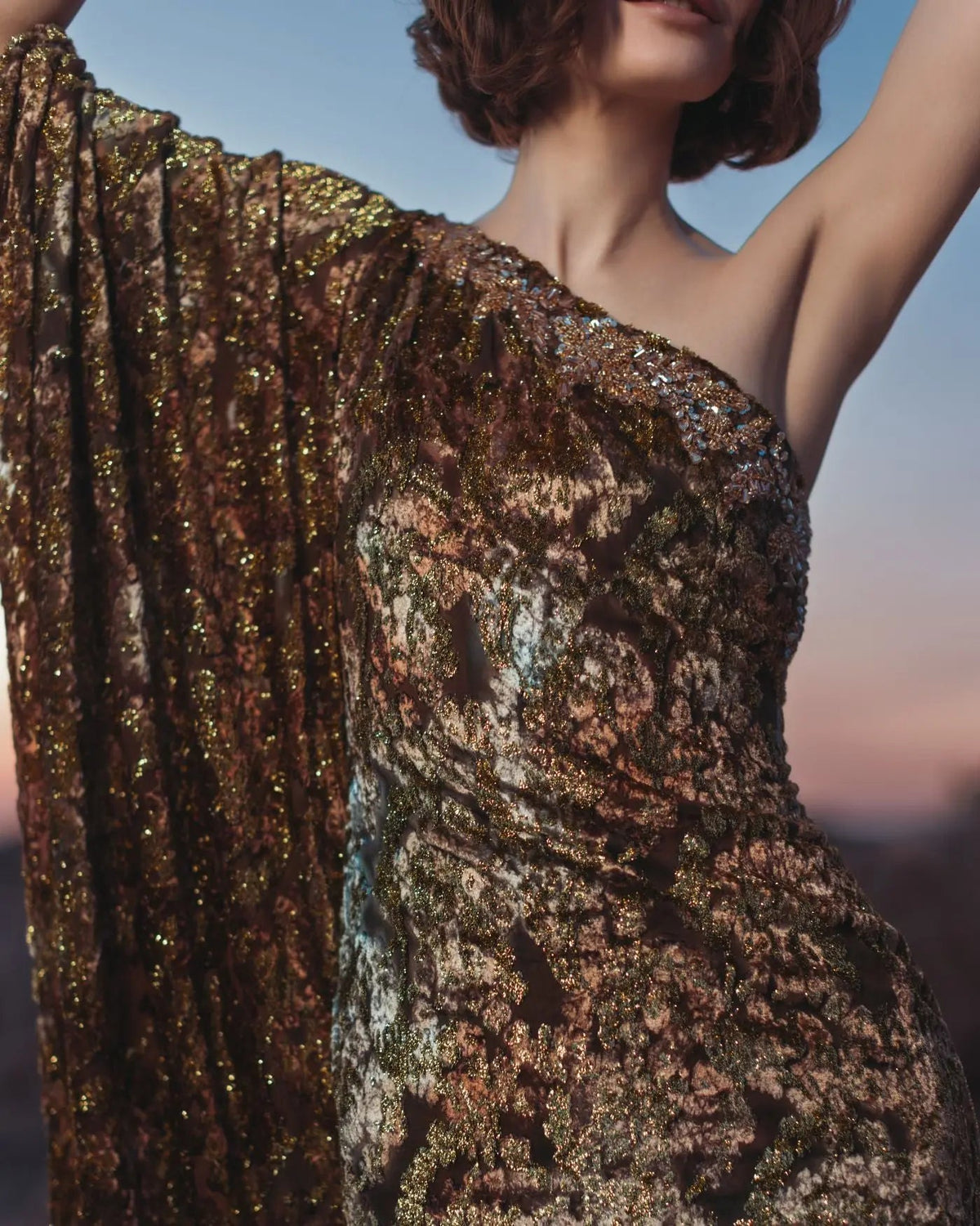 Gold One-Shoulder Metallic Burnout Velvet Evening Gown - Designer Collection