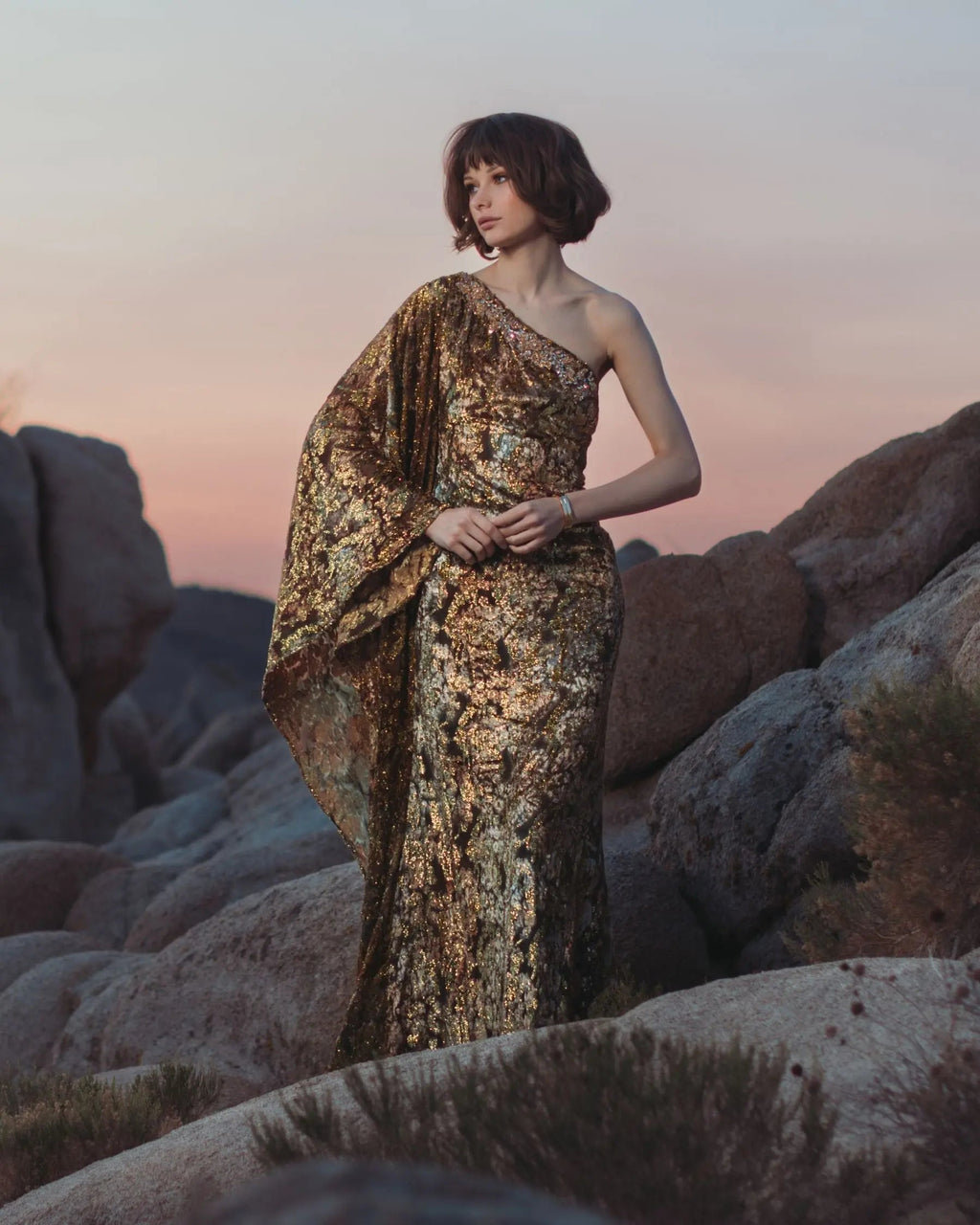 Gold One-Shoulder Metallic Burnout Velvet Evening Gown - Designer Collection
